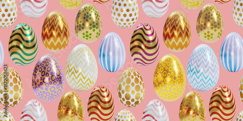 Seamless Easter egg seamless pattern. Pink bright background for Easter designs, featuring cute patterned golden, white eggs with polka dots, flowers, and stripes. Vector Easter pattern with eggs.