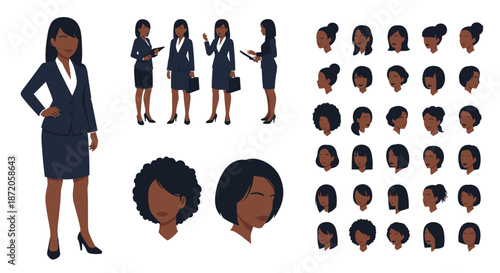 Professional black businesswoman character kit including various full body poses and multiple hairstyle and head angle options for design.