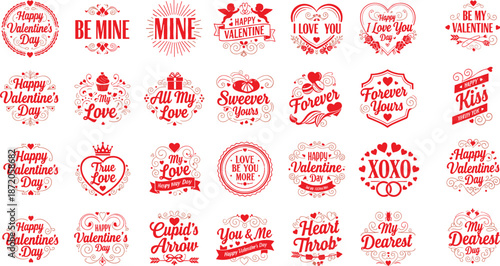 Valentine's Day love quotes, romantic phrases, heart designs, red blue graphics, greeting card elements, affectionate typography, holiday celebration symbols