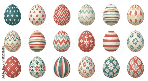 Colorful row of decorated Easter eggs with various patterns including dots stripes zigzags and flowers on white background.