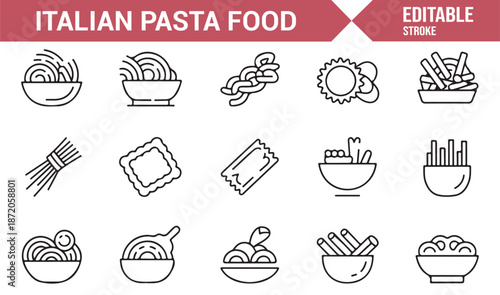 Pasta dishes and Italian food outline icons for menus and apps