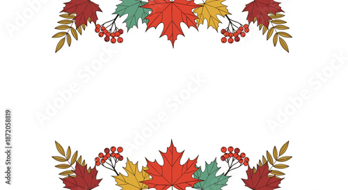 Beautiful autumn leaf border frame with colorful maple leaves rowan berries and dry foliage on top and bottom of page.