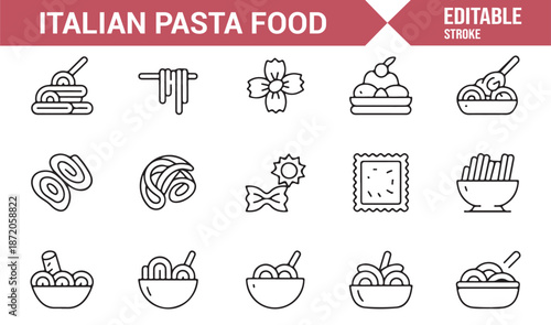 Editable Italian pasta and noodle food icons collection