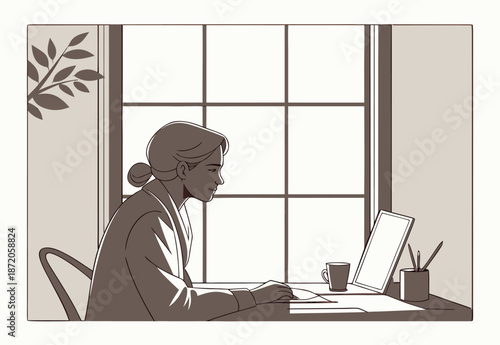 Professional Woman Working Remotely in Home Office by Window