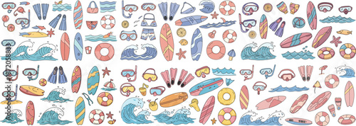 A colorful collection of summer beach elements, including surfboards, waves, and water accessories.