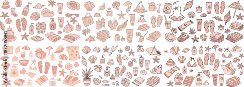A vibrant collection of summer-themed icons, featuring beach essentials, sunbathing items, and tropical motifs.