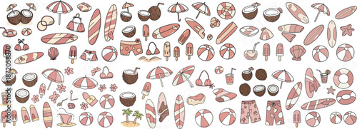 A vibrant collection of summer-themed illustrations featuring beach essentials and treats.