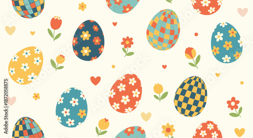Seamless pattern for Easter celebration featuring decorated eggs spring flowers hearts and colorful geometric shapes.