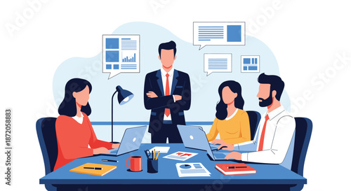 Group of business professionals having a meeting around a table with laptops documents and speech bubbles for collaboration.