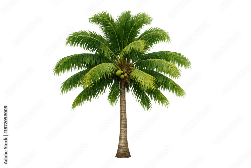 Obraz premium Coconut palm tree with green foliage and coconuts, tropical plant element on transparent background, summer vacation concept