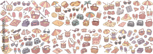 Colorful summer-themed illustration featuring beach accessories, snacks, and music items.