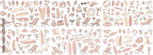 A vibrant collection of beach-themed illustrations including surfboards, beach chairs, and summer accessories.