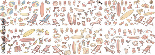 A vibrant summer-themed illustration featuring beach chairs, surfboards, and various summer icons.