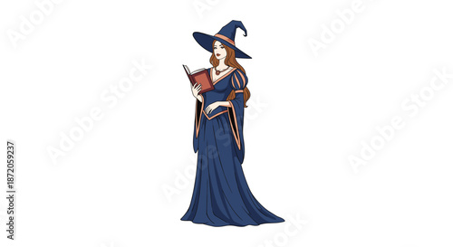 Beautiful young witch character in a long blue gown and pointed hat holding an open magic book for Halloween celebration.
