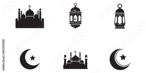 Collection of Islamic Symbols and Mosques with Crescent Moon and Lanterns