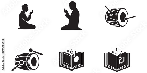 Islamic cultural symbols and objects, including prayer, music, and religious texts