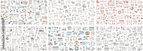 Colorful and monochrome business infographics and charts showcasing data analysis concepts.