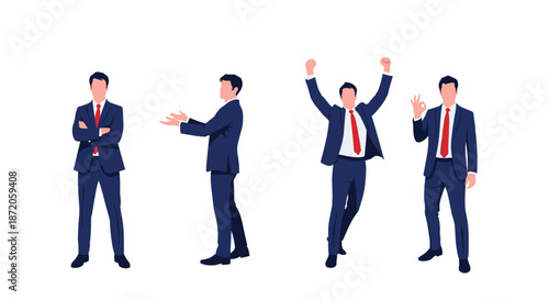 Four businessmen characters in blue suits demonstrating different professional poses including celebration and presentation.