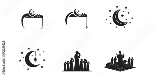 Collection of Ramadan Islamic Icons Moon, Stars, and Praying People Silhouettes