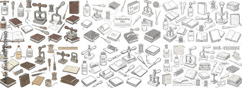 Artistic illustration of vintage bookbinding tools and materials in various styles and sizes.