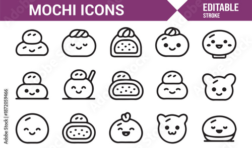 Mochi dessert outline icon pack for menus and cafes