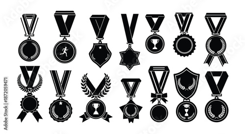 Collection of diverse black and white award medals and ribbon designs