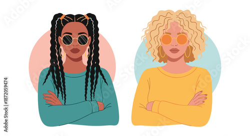 Two fashionable women with braids and curly hair wearing yellow and teal sweaters and sunglasses on colorful backgrounds.