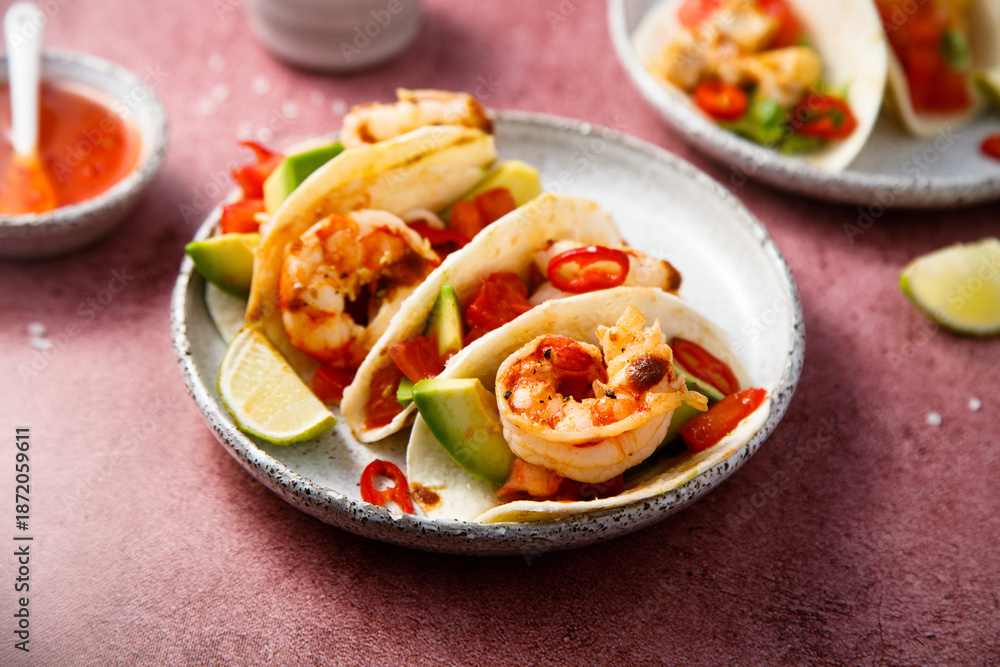 Fototapeta premium Taco with shrimps and avocado