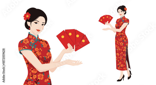Beautiful Asian woman in a red floral cheongsam dress holding red envelopes for the Chinese New Year holiday celebration.
