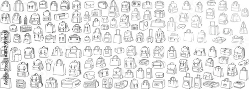 A variety of hand-drawn bags showcasing different styles, sizes, and designs for versatile use.