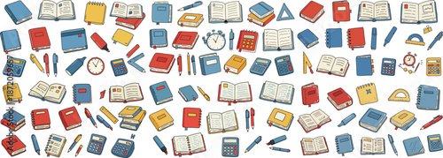 Colorful stationery and books pattern perfect for education themes and academic settings.