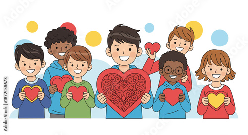 Diverse group of happy children and students holding heart shapes to symbolize love, kindness, friendship, and community support together.