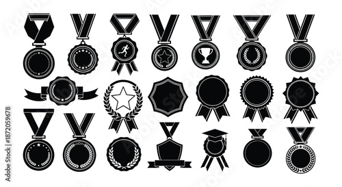 Collection of diverse black and white award medals and ribbon designs