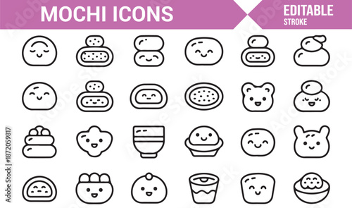 Mochi dessert icon set in editable outline vector style with cute faces