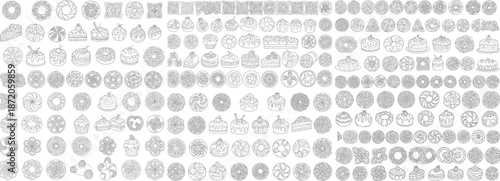 A delightful collection of various hand-drawn sweets and desserts in a monochrome style.