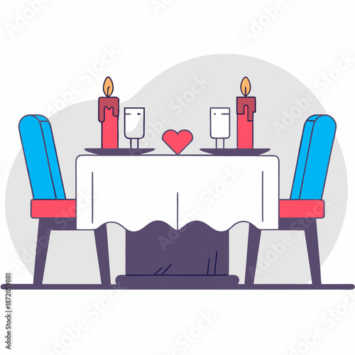 Romantic Valentine Candlelight Dinner Flat Vector Illustration