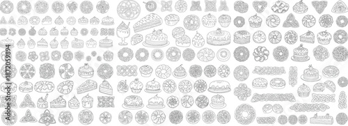 A delightful collection of hand-drawn pastries and desserts, showcasing a variety of sweet treats in intricate detail.