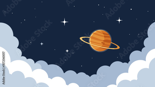Whimsical cartoon illustration of planet Saturn with rings, bright stars, and fluffy clouds in a dreamy night sky.
