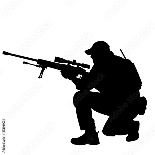 Silhouette of a Soldier Kneeling with Sniper Rifle.