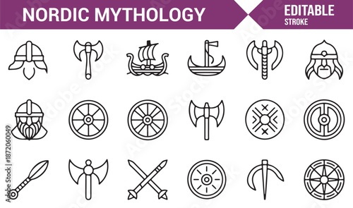 Ancient Viking and Norse mythology icon set for education and storytelling