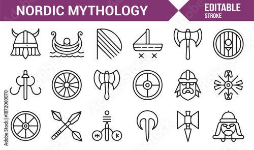 Scandinavian mythology symbol icons in clean editable outline style