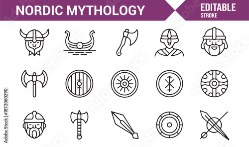 Editable Norse mythology and Viking symbol icon collection
