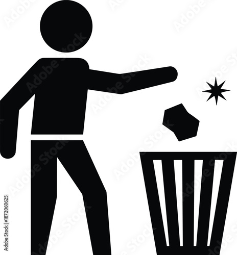 Black and white trash disposal icon with person throwing garbage into a bin isolated on white background for environmental awareness.