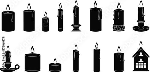 Black Silhouette Candle Icons Set with Melting Wax Flames and Holders Isolated on White Background for Elegant Decorative Design Elements