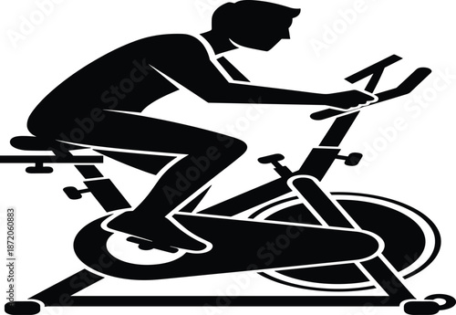 Black silhouette of a man exercising on a stationary indoor cycling bike, fitness workout icon isolated on a white background