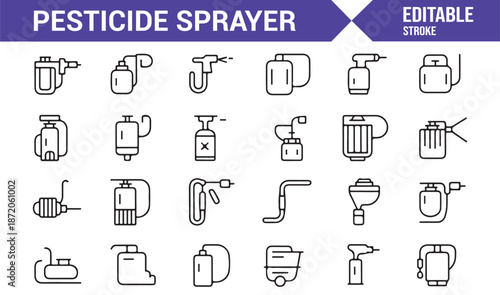 Editable farming sprayer and pesticide application icons in minimal style