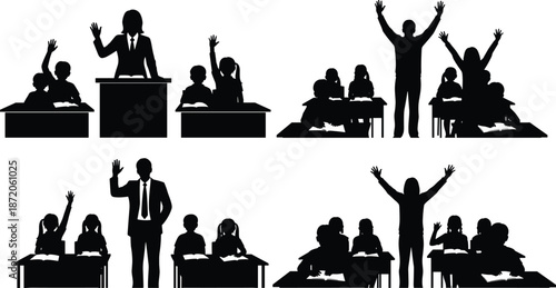 Black silhouettes of children playing, family gardening, students in classroom, basketball players, and kids showing kindness, isolated on white background.