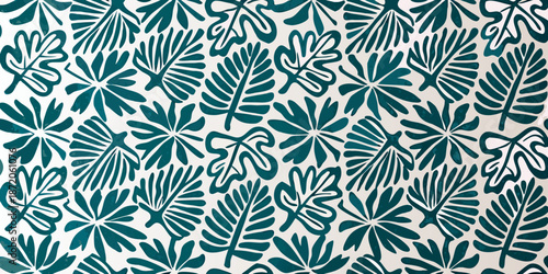 A repeating pattern of stylized teal tropical leaves on a white background