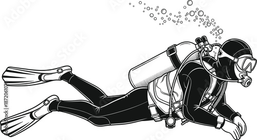 Black and white vector illustration of a professional scuba diver swimming underwater with oxygen tank and fins for ocean adventure.