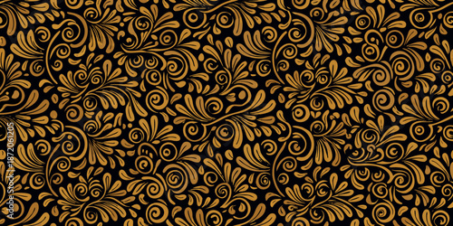 Intricate golden floral pattern on a black background a seamless design